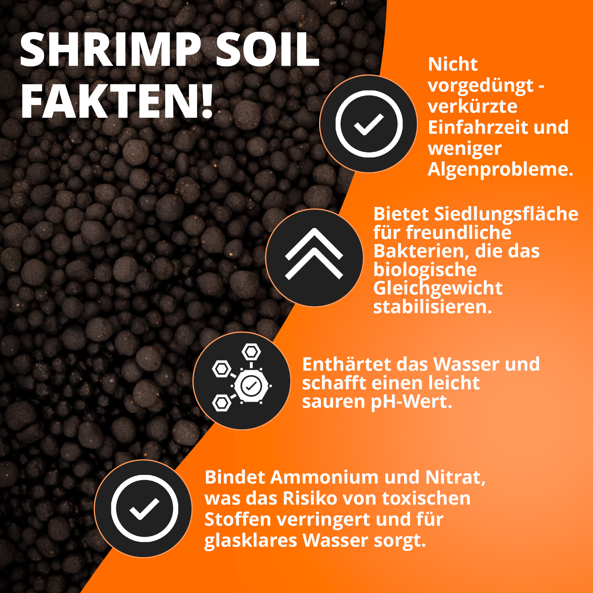 Shrimp Soil: dunkle Kugeln; senkt pH, bindet Ammonium